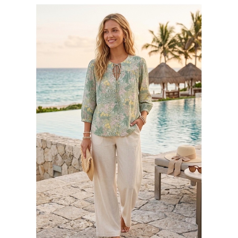 Wonderly XL Green Floral Botanical Split Neck Tie Blouse 3/4 Sleeve Boho Top